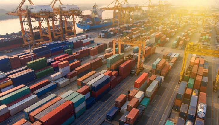 Container terminal with export containers at sunset